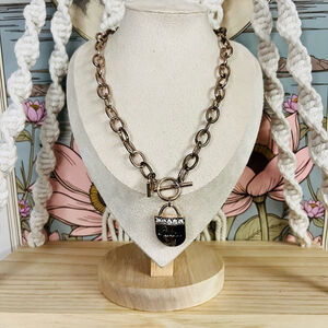 Women's Guess Rose Gold Chain Necklace with Rhinestone Lock Charm Toggle Closure